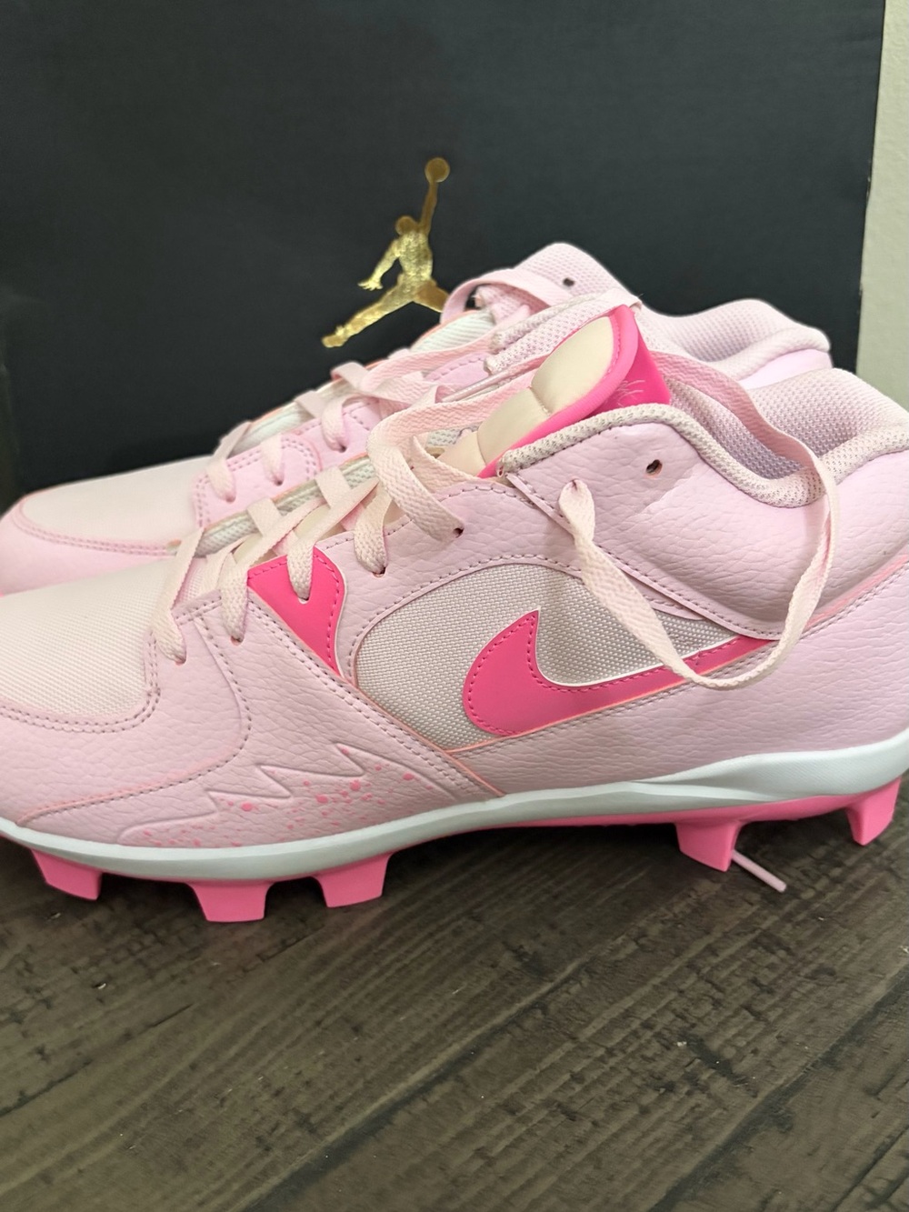 Jordan Mens Light Pink Cleats with Hot Pink Swoosh